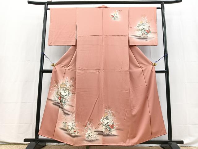 平和屋着物■訪問着　秋草文　退紅色　暈し染め　金彩　正絹　逸品　BAAX9960yc