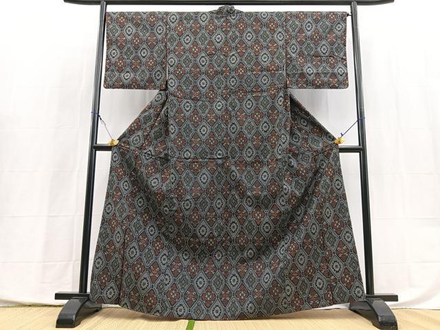 平和屋着物■上質な紬　蜀江花文　黒地　正絹　逸品　BAAX9962yc