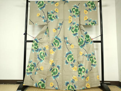 平和屋着物∴夏物　小紋・浴衣兼用　枝花文　日本製　綿麻　逸品　DABI8949cd
