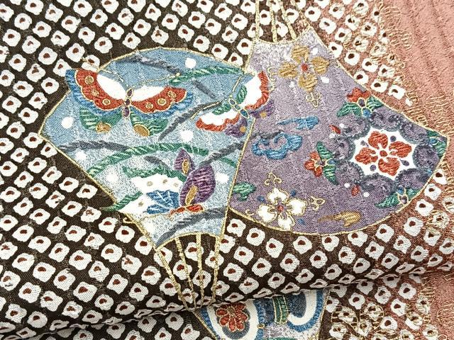 平和屋着物■上質な小紋　扇動物花文　黒地　金彩　正絹　逸品　BAAX9974yc