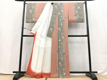 平和屋着物■上質な小紋　扇動物花文　黒地　金彩　正絹　逸品　BAAX9974yc