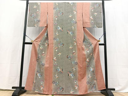 平和屋着物■上質な小紋　扇動物花文　黒地　金彩　正絹　逸品　BAAX9974yc