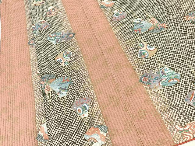 平和屋着物■上質な小紋　扇動物花文　黒地　金彩　正絹　逸品　BAAX9974yc
