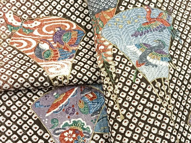 平和屋着物■上質な小紋　扇動物花文　黒地　金彩　正絹　逸品　BAAX9974yc