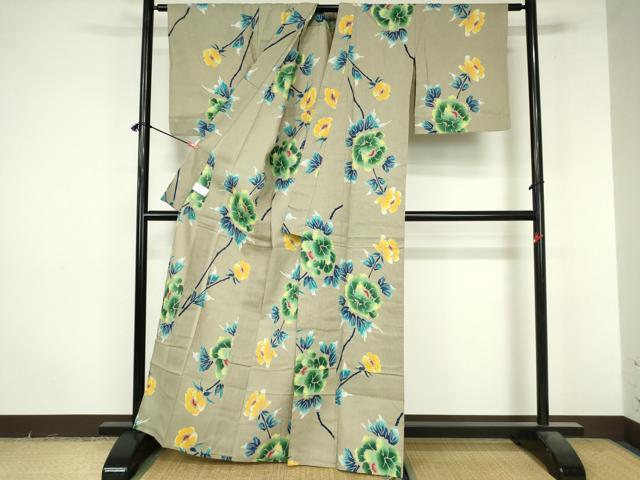 平和屋着物∴夏物　小紋・浴衣兼用　枝花文　日本製　綿麻　逸品　DABI8949cd