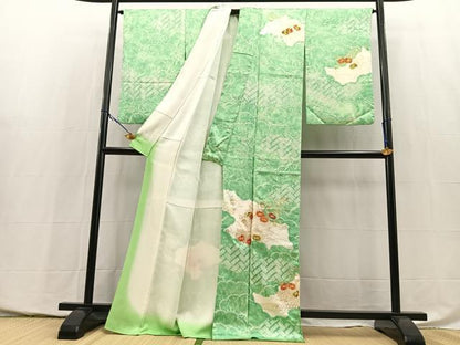 平和屋着物●訪問着　絞り　駒刺繍　雲取り花文　金彩　正絹　逸品　BAAY5421yc