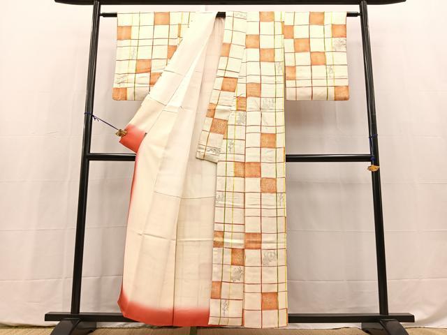 平和屋着物■上質な小紋　格子柄花文　金彩　三越扱い　正絹　逸品　BAAY5444yc