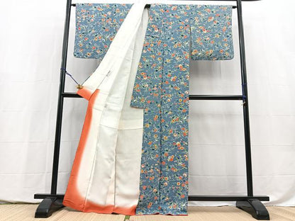 平和屋着物●上質な小紋　型染め　草花文　鬼しぼ縮緬　正絹　逸品　未使用　BAAY5435yc