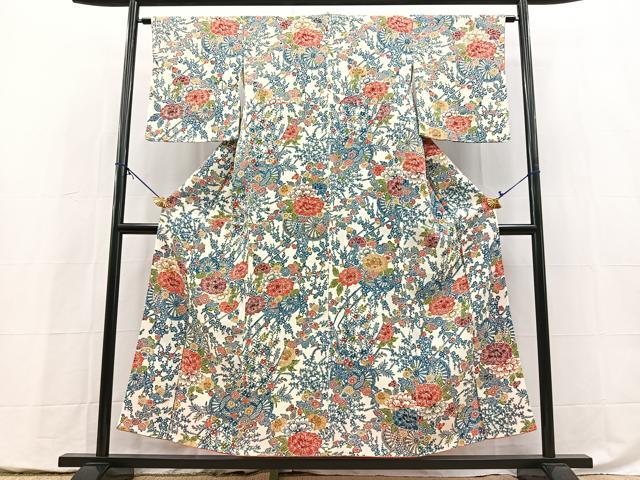平和屋着物●上質な小紋　型染め　花車文　鬼しぼ縮緬　松坂屋扱い　正絹　逸品　未使用　BAAY5417yc