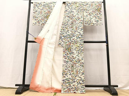 平和屋着物■上質な小紋　型染め　御所車風景文　正絹　逸品　未使用　BAAY5429yc