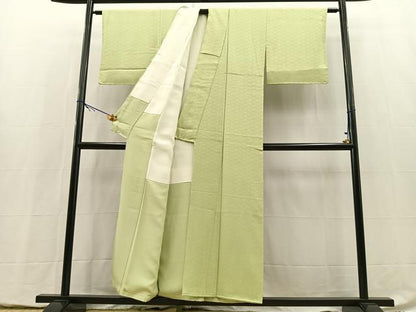 平和屋着物■上質な色無地　紗綾形地紋　若葉色　正絹　逸品　BAAY5423yc