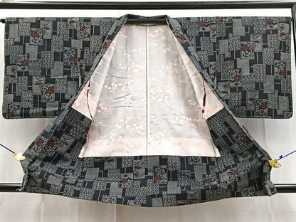 平和屋着物■上質な紬　アンサンブル　色紙重ね花文　黒地　正絹　逸品　BAAY5454yc