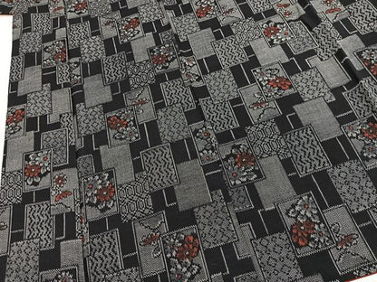 平和屋着物■上質な紬　アンサンブル　色紙重ね花文　黒地　正絹　逸品　BAAY5454yc