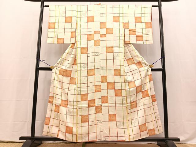 平和屋着物■上質な小紋　格子柄花文　金彩　三越扱い　正絹　逸品　BAAY5444yc