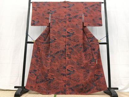 平和屋着物●宮内庁御用達　赤城右堂　小紋　型染め　風景花文　正絹　逸品　BAAY5482yc