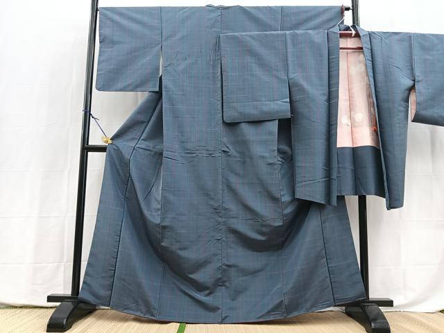 平和屋着物■上質な紬　アンサンブル　格子柄　正絹　逸品　BAAY5455yc