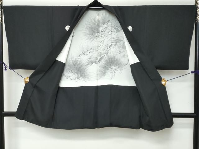 平和屋着物●男性 黒紋付 羽織・長襦袢（袷）セット 羽裏：松文 阪急百貨店扱い 正絹 逸品 DABI9123ud