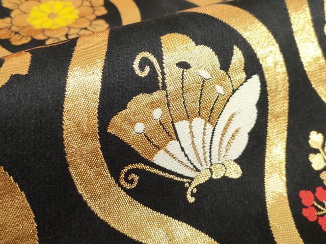 平和屋着物[]女の子　子供　全通柄袋帯　立涌家紋並べ　黒地　金糸　逸品　DABJ3012ea