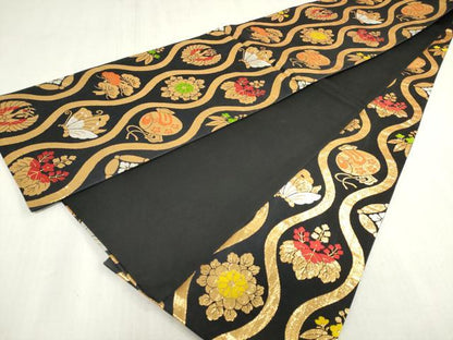 平和屋着物[]女の子　子供　全通柄袋帯　立涌家紋並べ　黒地　金糸　逸品　DABJ3012ea