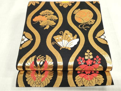 平和屋着物[]女の子　子供　全通柄袋帯　立涌家紋並べ　黒地　金糸　逸品　DABJ3012ea