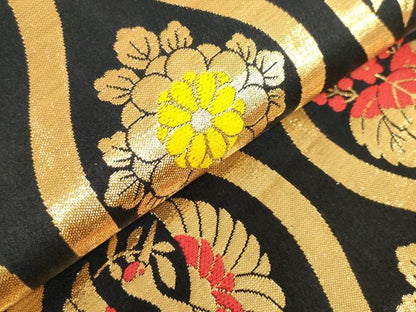 平和屋着物[]女の子　子供　全通柄袋帯　立涌家紋並べ　黒地　金糸　逸品　DABJ3012ea