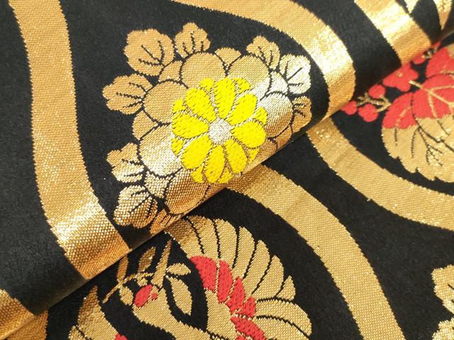 平和屋着物[]女の子　子供　全通柄袋帯　立涌家紋並べ　黒地　金糸　逸品　DABJ3012ea