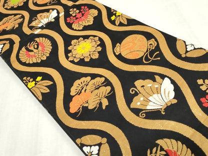 平和屋着物[]女の子　子供　全通柄袋帯　立涌家紋並べ　黒地　金糸　逸品　DABJ3012ea