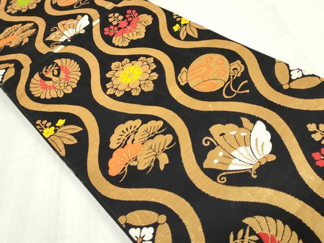 平和屋着物[]女の子　子供　全通柄袋帯　立涌家紋並べ　黒地　金糸　逸品　DABJ3012ea
