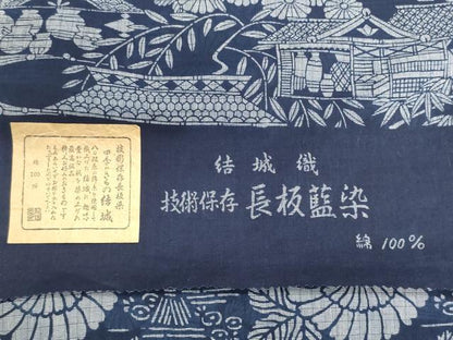 平和屋着物＊夏物　浴衣　反物　着尺　結城織　長板藍染　両面　風景花文　綿　逸品　未使用　DABI8243we