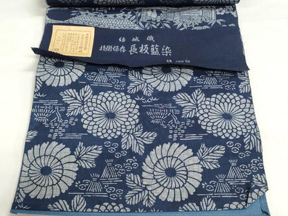平和屋着物＊夏物　浴衣　反物　着尺　結城織　長板藍染　両面　風景花文　綿　逸品　未使用　DABI8243we