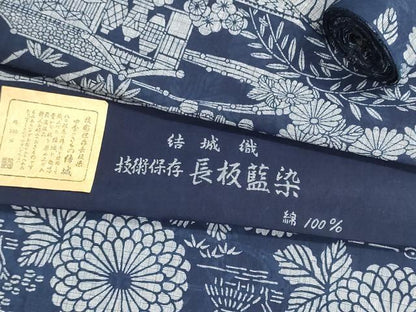平和屋着物＊夏物　浴衣　反物　着尺　結城織　長板藍染　両面　風景花文　綿　逸品　未使用　DABI8243we
