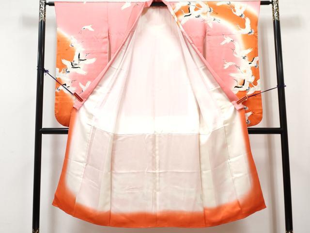 平和屋着物[]七五三　女の子　７歳　祝着　四つ身　襦袢(無双仕立て・半衿刺繍)セット　駒刺繍　群れ鶴　暈し染め　逸品　DABG3321ma