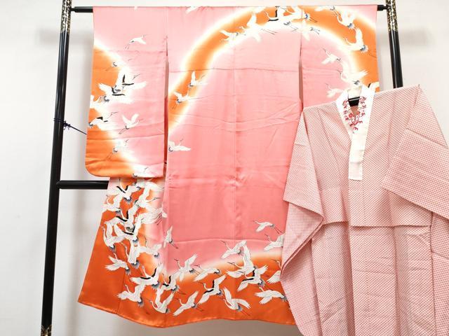 平和屋着物[]七五三　女の子　７歳　祝着　四つ身　襦袢(無双仕立て・半衿刺繍)セット　駒刺繍　群れ鶴　暈し染め　逸品　DABG3321ma