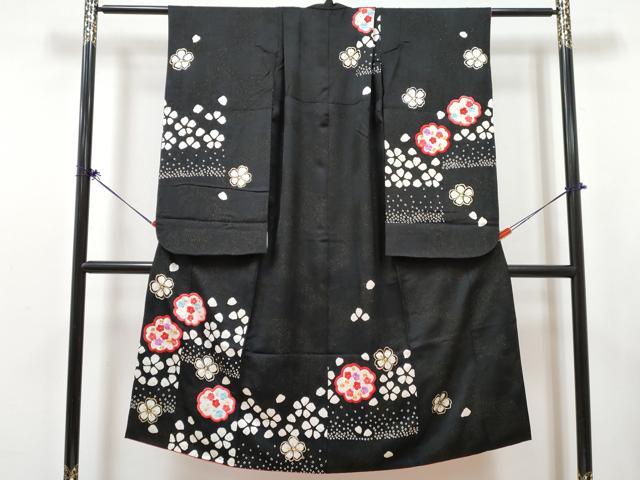 平和屋着物[]七五三　女の子　７歳　祝着　四つ身　長襦袢(無双仕立て)セット　駒刺繍 絞り 舞花文 黒地 金彩 金通し地　逸品　DABG3325ma