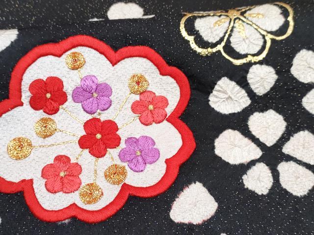平和屋着物[]七五三　女の子　７歳　祝着　四つ身　長襦袢(無双仕立て)セット　駒刺繍 絞り 舞花文 黒地 金彩 金通し地　逸品　DABG3325ma