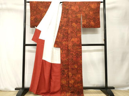 平和屋着物■上質な小紋　更紗蔦の葉花文　鬼しぼ縮緬　正絹　逸品　CABK4157ev