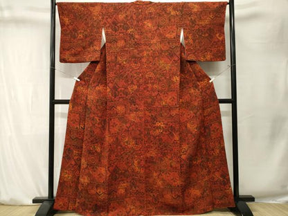平和屋着物■上質な小紋　更紗蔦の葉花文　鬼しぼ縮緬　正絹　逸品　CABK4157ev