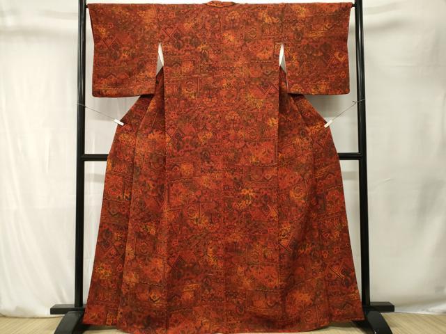 平和屋着物■上質な小紋　更紗蔦の葉花文　鬼しぼ縮緬　正絹　逸品　CABK4157ev