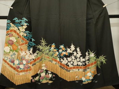 平和屋着物■豪華黒留袖　松竹梅草花文　正絹　逸品　CABK4222ev