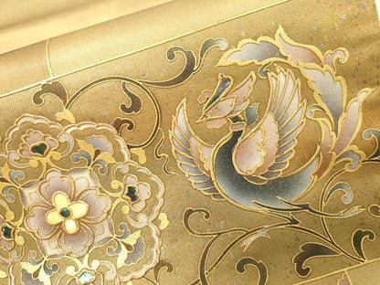 平和屋着物▼太鼓柄袋帯　螺鈿　正倉院鳳凰花文　金彩　引箔　正絹　逸品　DABI7532fe