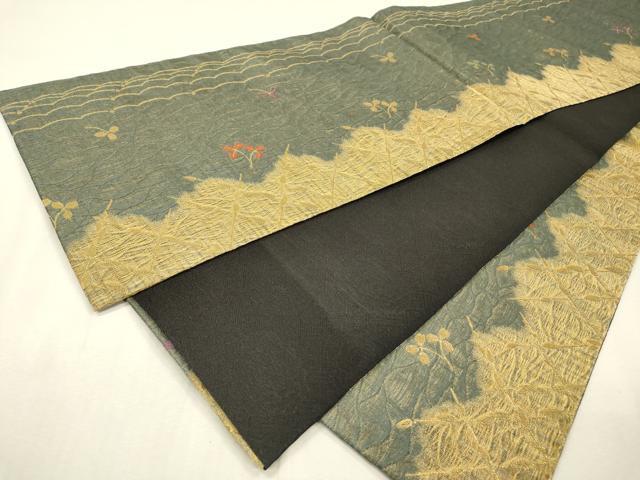 平和屋着物▼染色作家　草野一騎　六通柄袋帯　櫛織　舞葉文　金糸　正絹　逸品　未使用　DABI7559fe