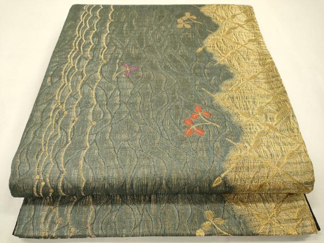 平和屋着物▼染色作家　草野一騎　六通柄袋帯　櫛織　舞葉文　金糸　正絹　逸品　未使用　DABI7559fe