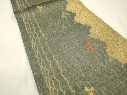 平和屋着物▼染色作家　草野一騎　六通柄袋帯　櫛織　舞葉文　金糸　正絹　逸品　未使用　DABI7559fe