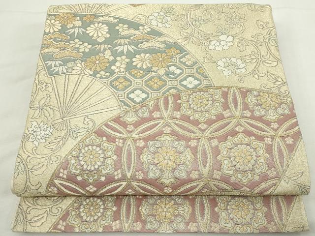 平和屋着物◎六通柄袋帯　扇面吉祥花文　松竹梅　金糸　正絹　逸品　DABJ4116cd