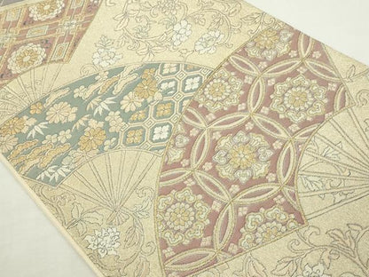 平和屋着物◎六通柄袋帯　扇面吉祥花文　松竹梅　金糸　正絹　逸品　DABJ4116cd