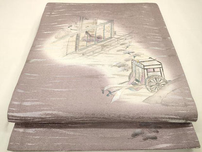 平和屋着物▼両面　太鼓柄袋帯　手描き　源氏千年物語　金彩　銀通し地　正絹　逸品　DABI7638fe