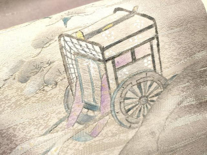 平和屋着物▼両面　太鼓柄袋帯　手描き　源氏千年物語　金彩　銀通し地　正絹　逸品　DABI7638fe