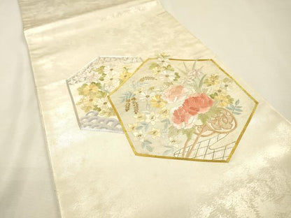 平和屋着物▼太鼓柄袋帯　駒刺繍　総刺繍　亀甲花車文　金銀糸　正絹　逸品　DABI7677fe