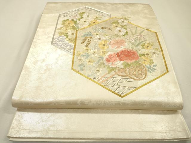 平和屋着物▼太鼓柄袋帯　駒刺繍　総刺繍　亀甲花車文　金銀糸　正絹　逸品　DABI7677fe