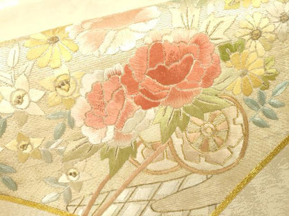 平和屋着物▼太鼓柄袋帯　駒刺繍　総刺繍　亀甲花車文　金銀糸　正絹　逸品　DABI7677fe